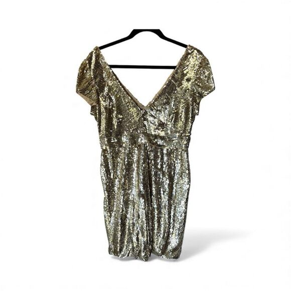 Dolce Jovani Silk Gold Sequin Mini Dress Size 12 Bubble Hem Skirt Cocktail